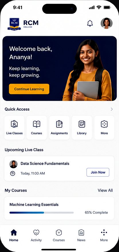 The RCM Online College app: a student home screen with quick access, an upcoming live class and subject progress