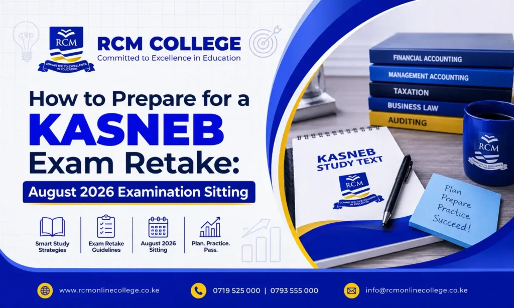 KASNEB retake August 2026, KASNEB exam retake, KASNEB revision, KASNEB study tips, KASNEB study plan, KASNEB revision kits, KASNEB study texts, KASNEB past papers, KASNEB examiner reports, KASNEB revision classes, RCM Online College, August 2026 KASNEB exams, KASNEB preparation, accounting courses Kenya, KASNEB students, KASNEB syllabus, KASNEB exam preparation, business data analytics, FMDA courses, KASNEB learning resources